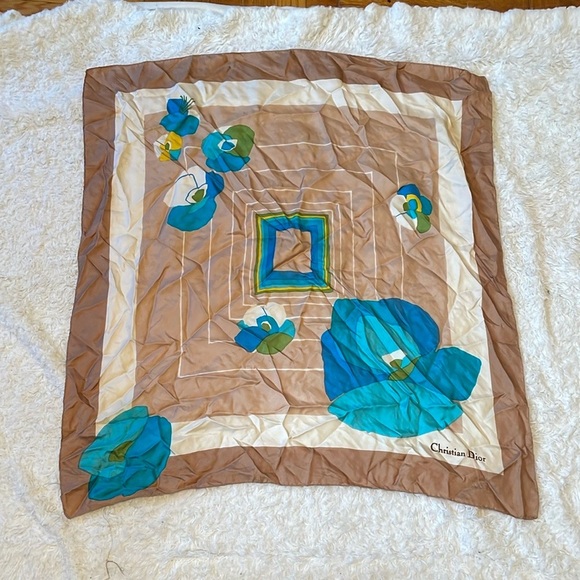Christian Dior Tan and Blue Floral Scarf - Picture 1 of 8